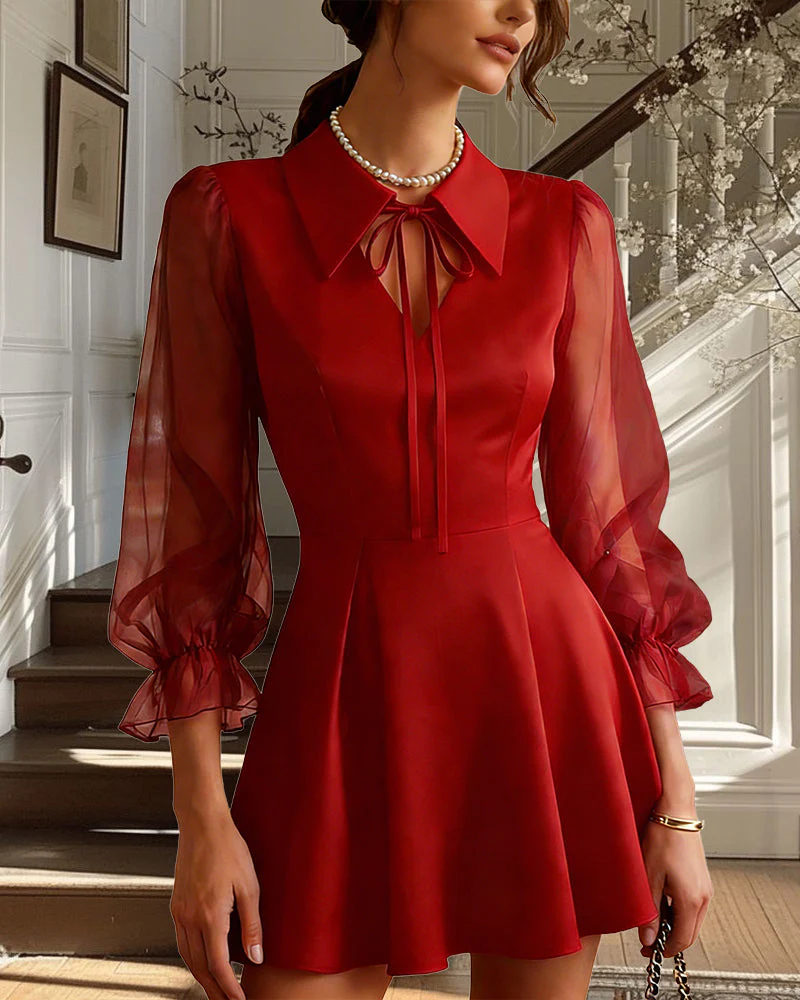 Lacey | Modna damska mini sukienka w fasonie A z siateczkowymi rękawami - Image 2