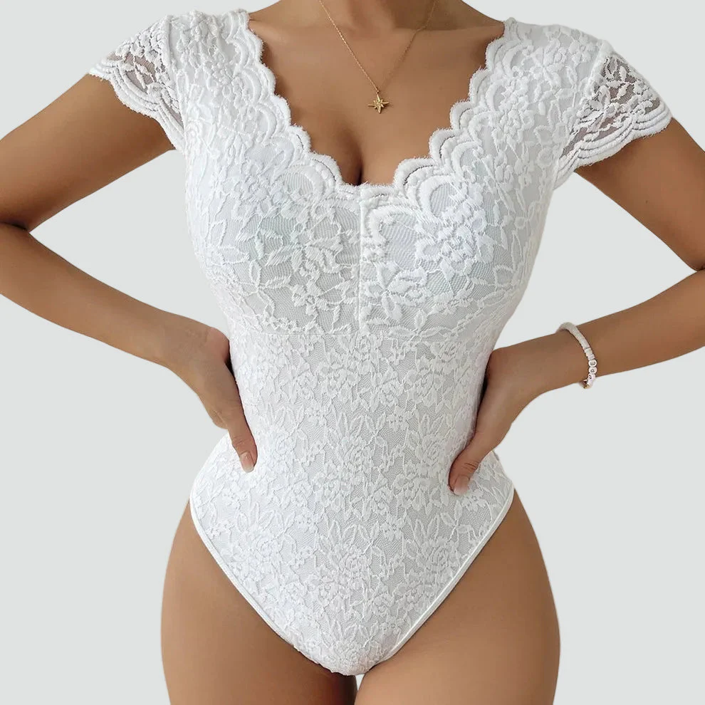 Leisha | Body damskie koronkowe z dekoltem w serek i krótkim rękawem - Image 3