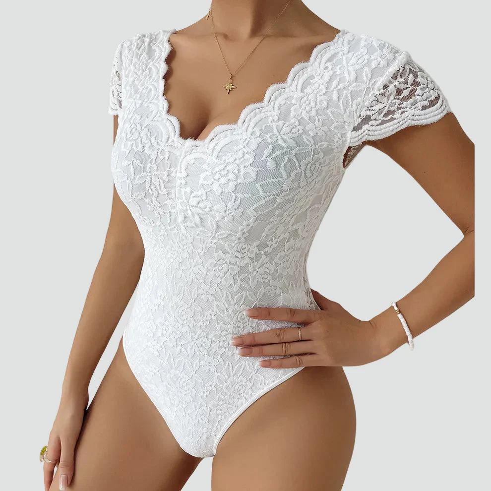 Leisha | Body damskie koronkowe z dekoltem w serek i krótkim rękawem - Image 4