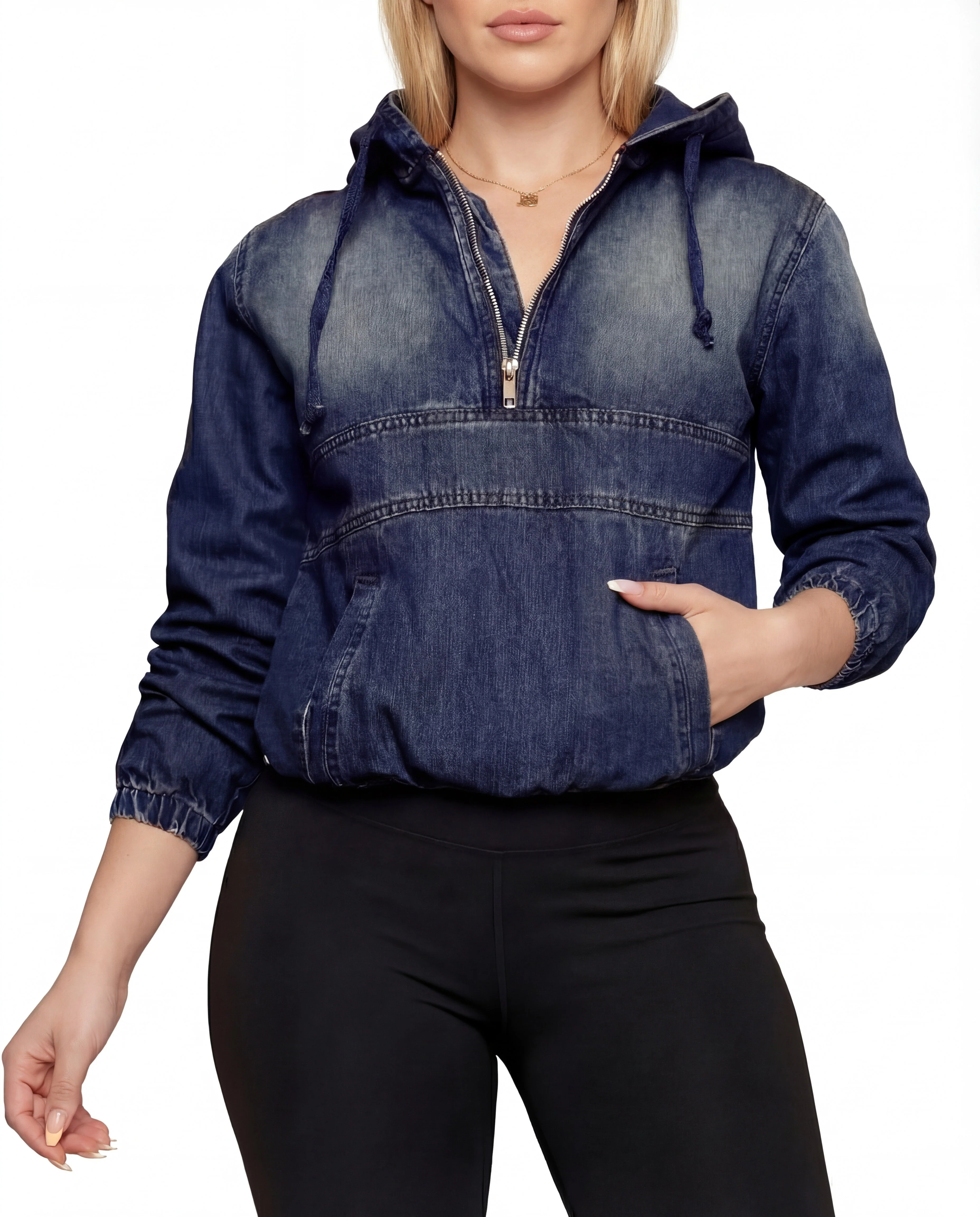 Leontyne | Bluza damska jeansowa z kapturem i zamkiem w casualowym stylu - Image 2