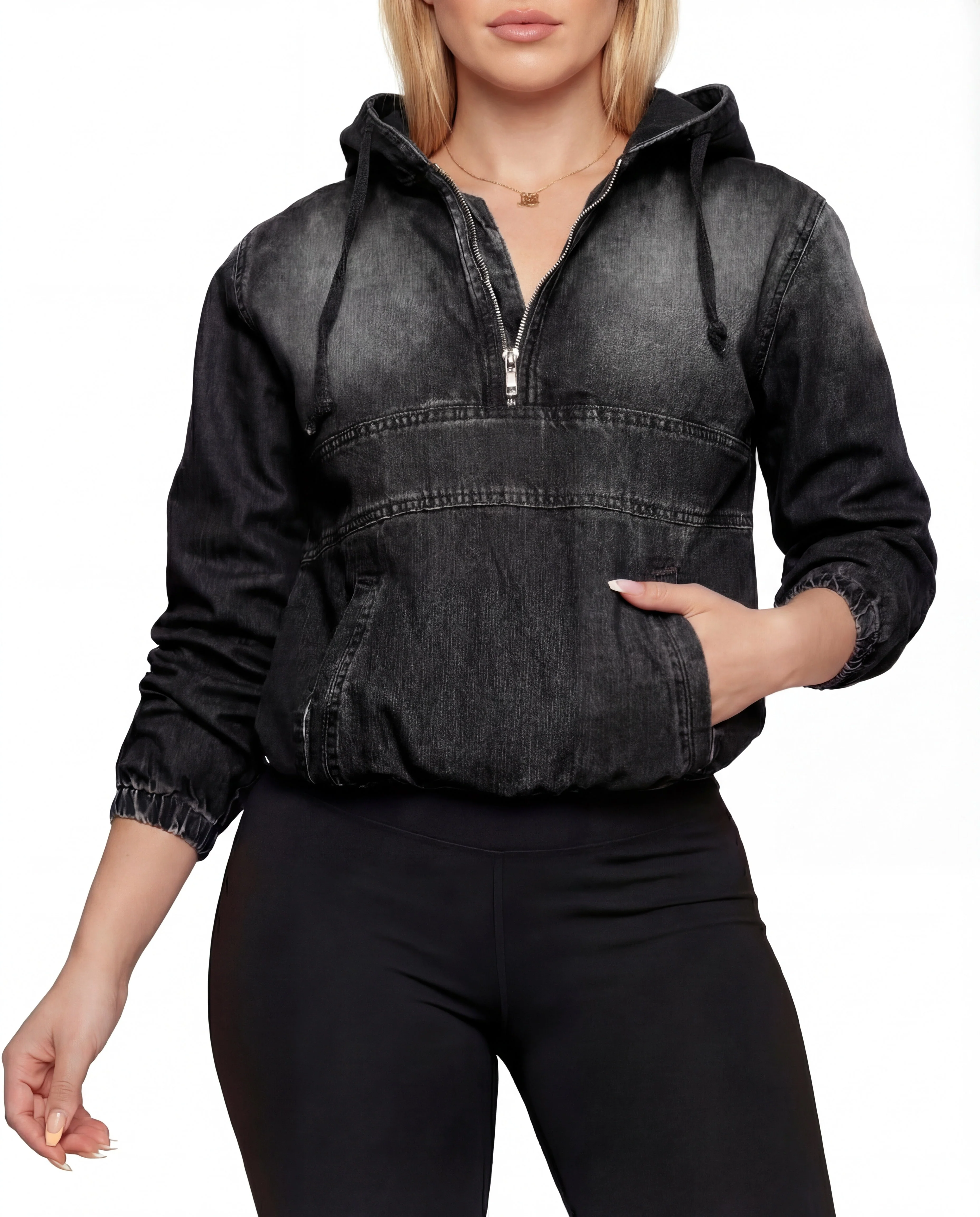 Leontyne | Bluza damska jeansowa z kapturem i zamkiem w casualowym stylu - Image 4