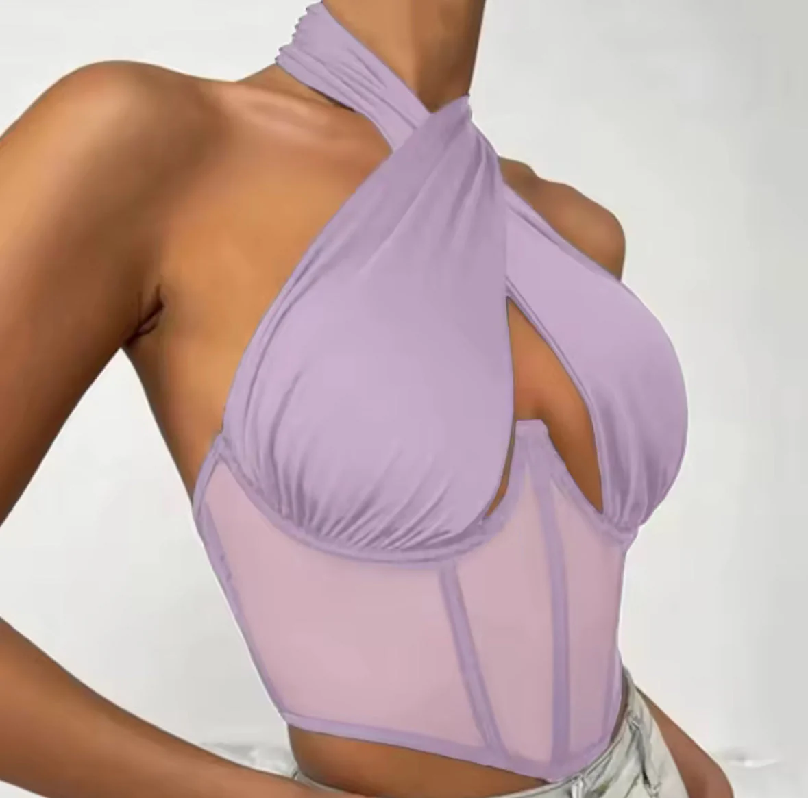 Lorraine | Damski top halter z krzyżującymi się ramiączkami i wstawką z tiulu, modny i kobiecy fason - Image 5
