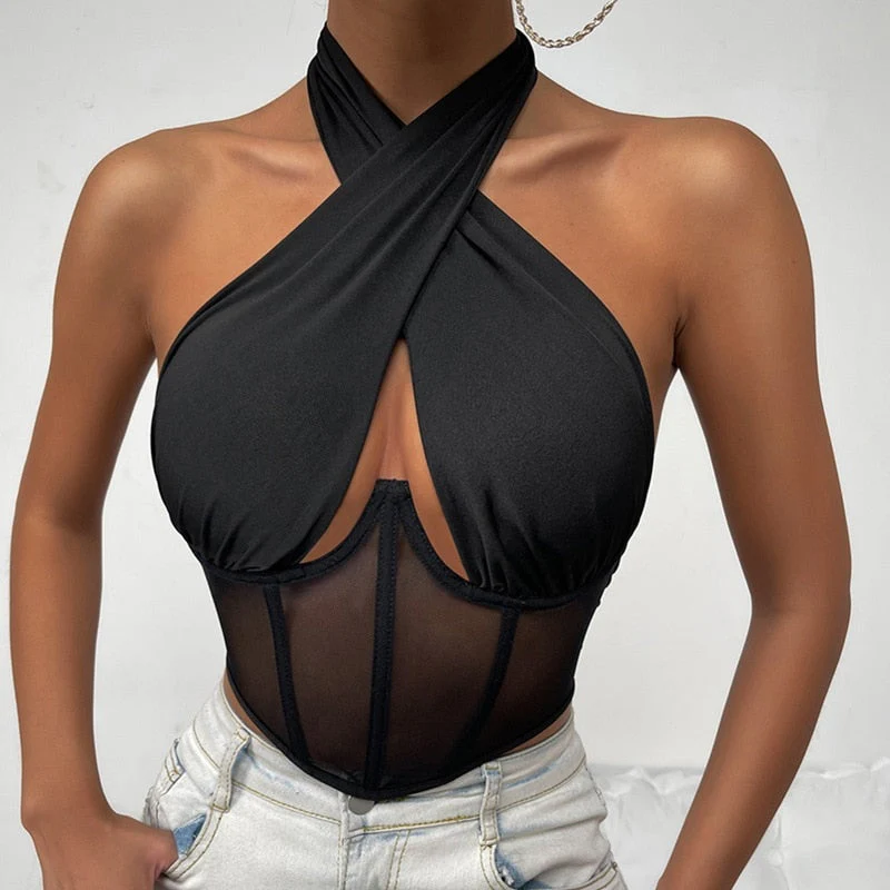 Lorraine | Damski top halter z krzyżującymi się ramiączkami i wstawką z tiulu, modny i kobiecy fason - Image 6