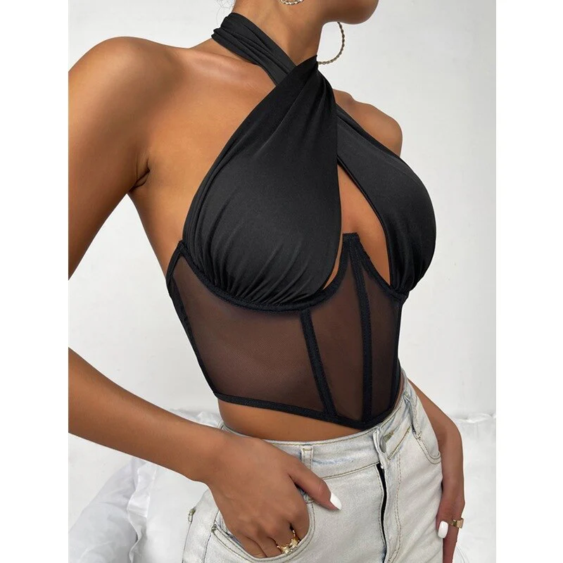 Lorraine | Damski top halter z krzyżującymi się ramiączkami i wstawką z tiulu, modny i kobiecy fason - Image 7