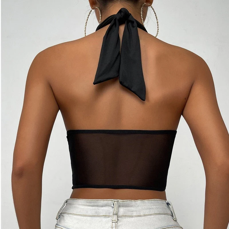 Lorraine | Damski top halter z krzyżującymi się ramiączkami i wstawką z tiulu, modny i kobiecy fason - Image 8