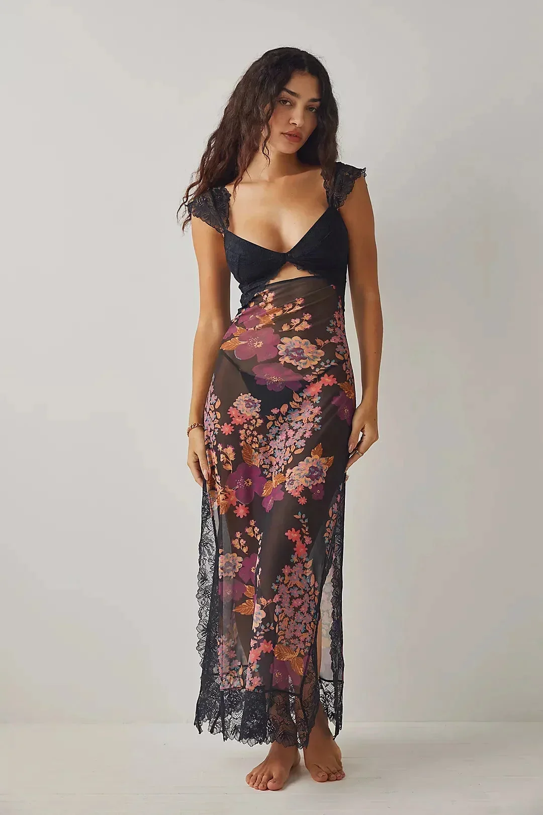 Lucinda | Sukienka damska maxi w kwiaty z przezroczystą koronką - Image 2