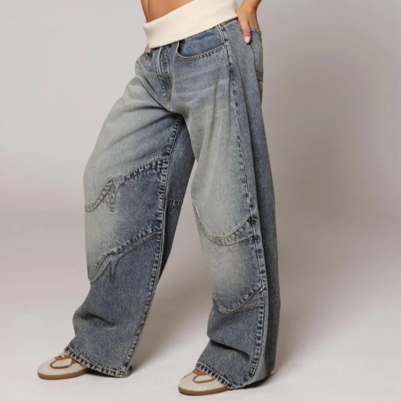Mabel | Jeansy damskie baggy z szeroką nogawką w stylu Y2K, z prążkowanym pasem - Image 2