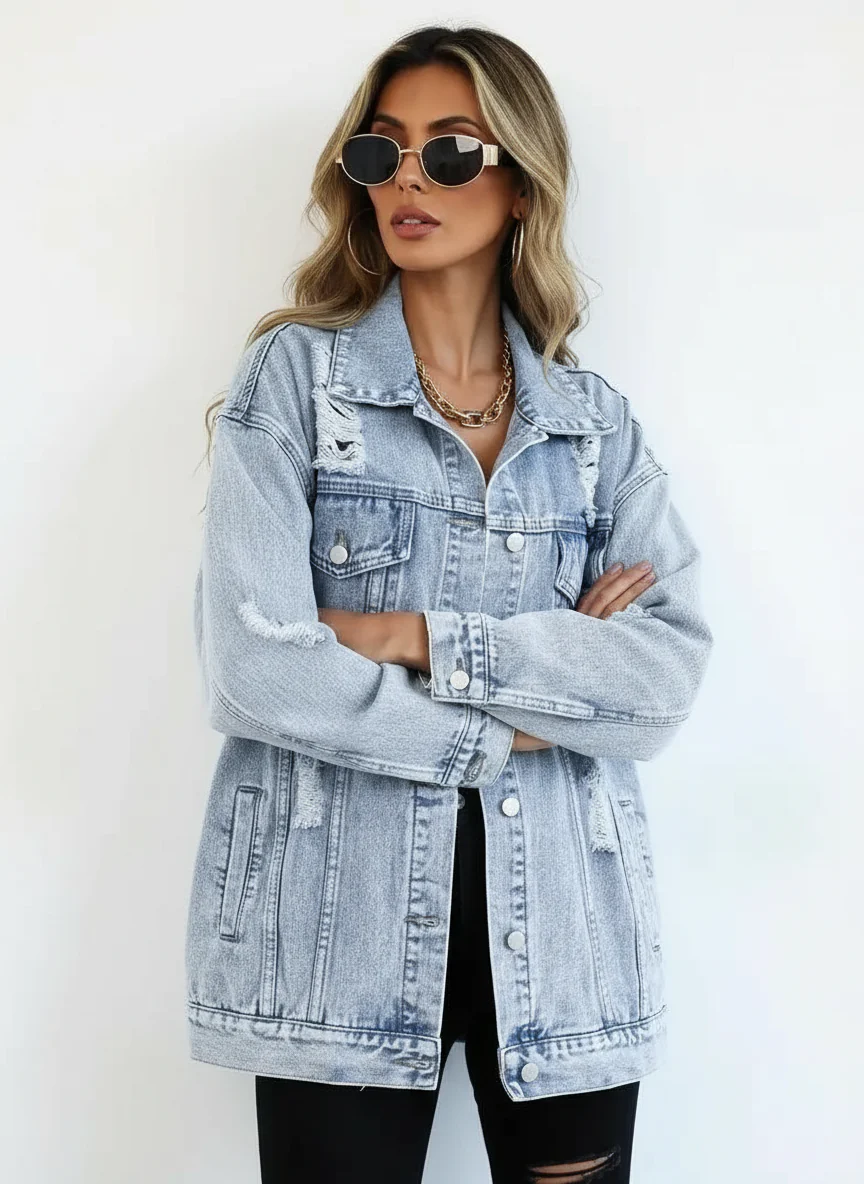 Megan | Damska oversize kurtka jeansowa z przetarciami, modny i casualowy fason - Image 2