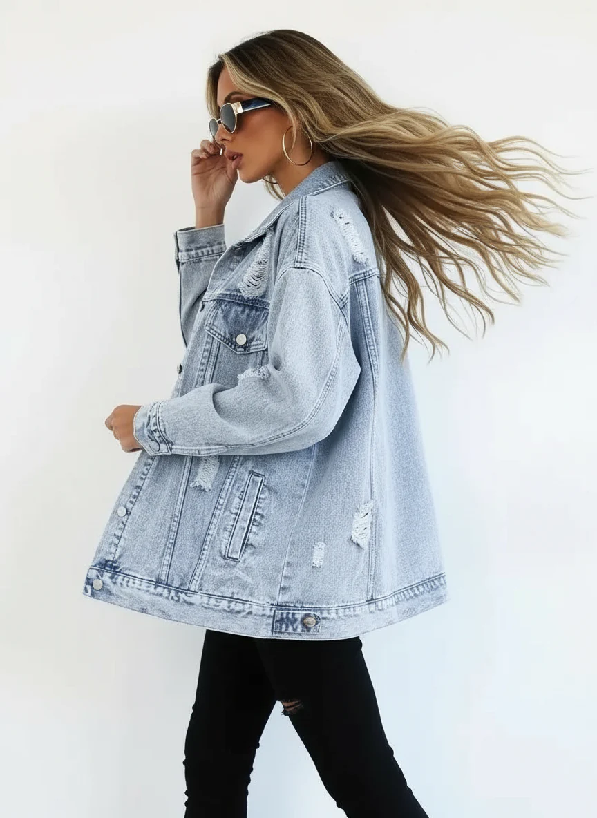 Megan | Damska oversize kurtka jeansowa z przetarciami, modny i casualowy fason - Image 3