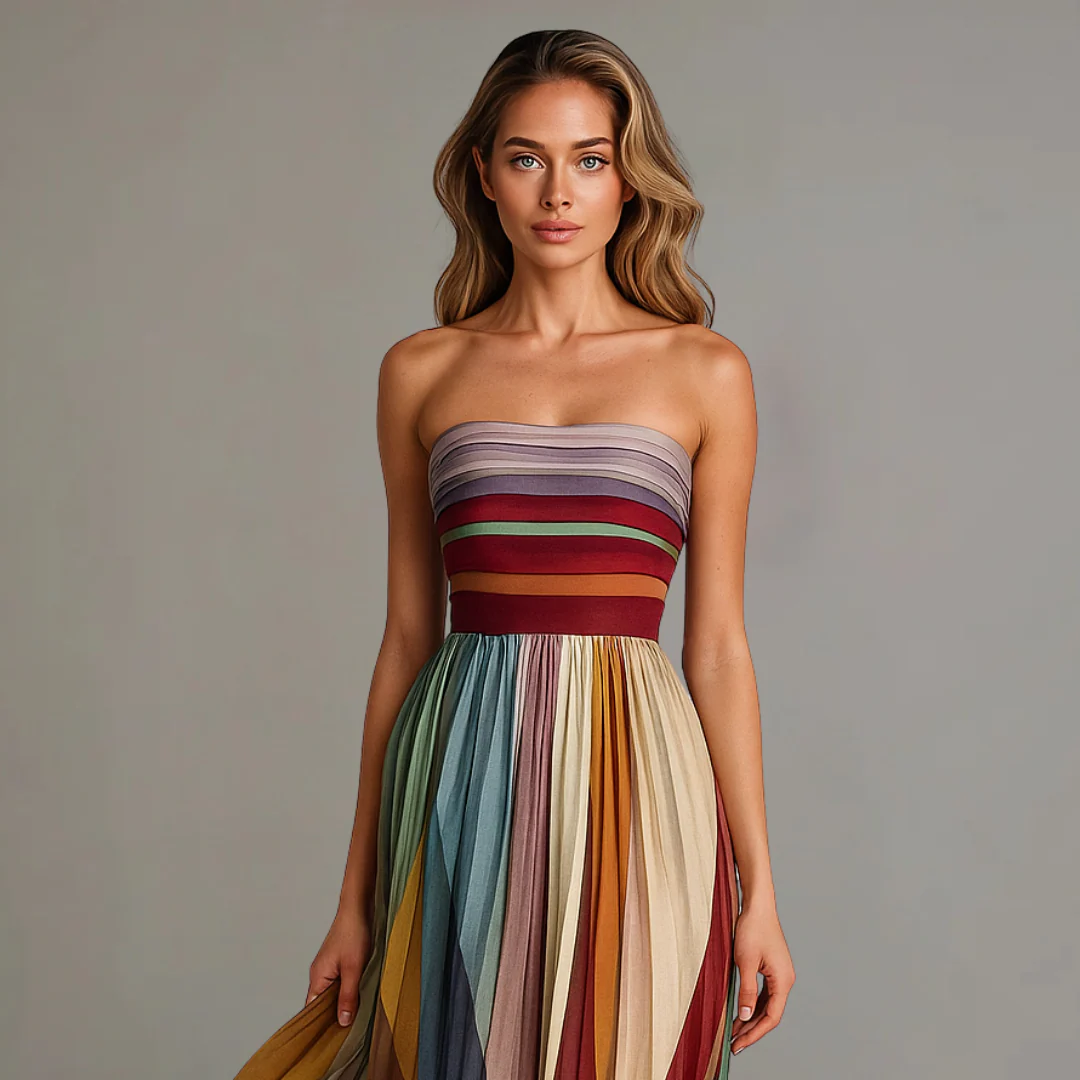 Megan | Sukienka damska maxi bez ramiączek plisowana w stylu colorblock - Image 2