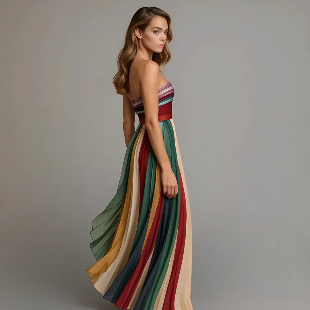 Megan | Sukienka damska maxi bez ramiączek plisowana w stylu colorblock - Image 3
