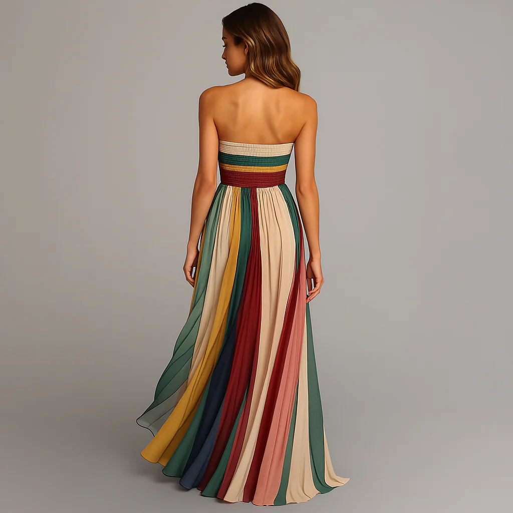 Megan | Sukienka damska maxi bez ramiączek plisowana w stylu colorblock - Image 4