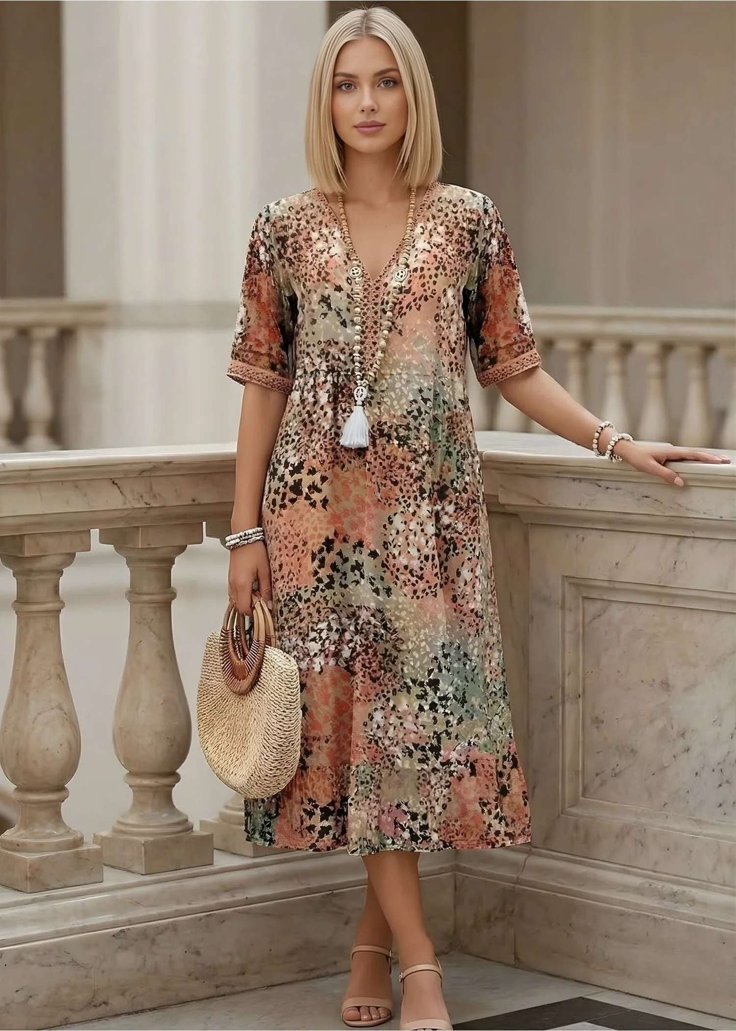 Meredith | Sukienka damska midi z dekoltem V w boho kwiatowy wzór - Image 2