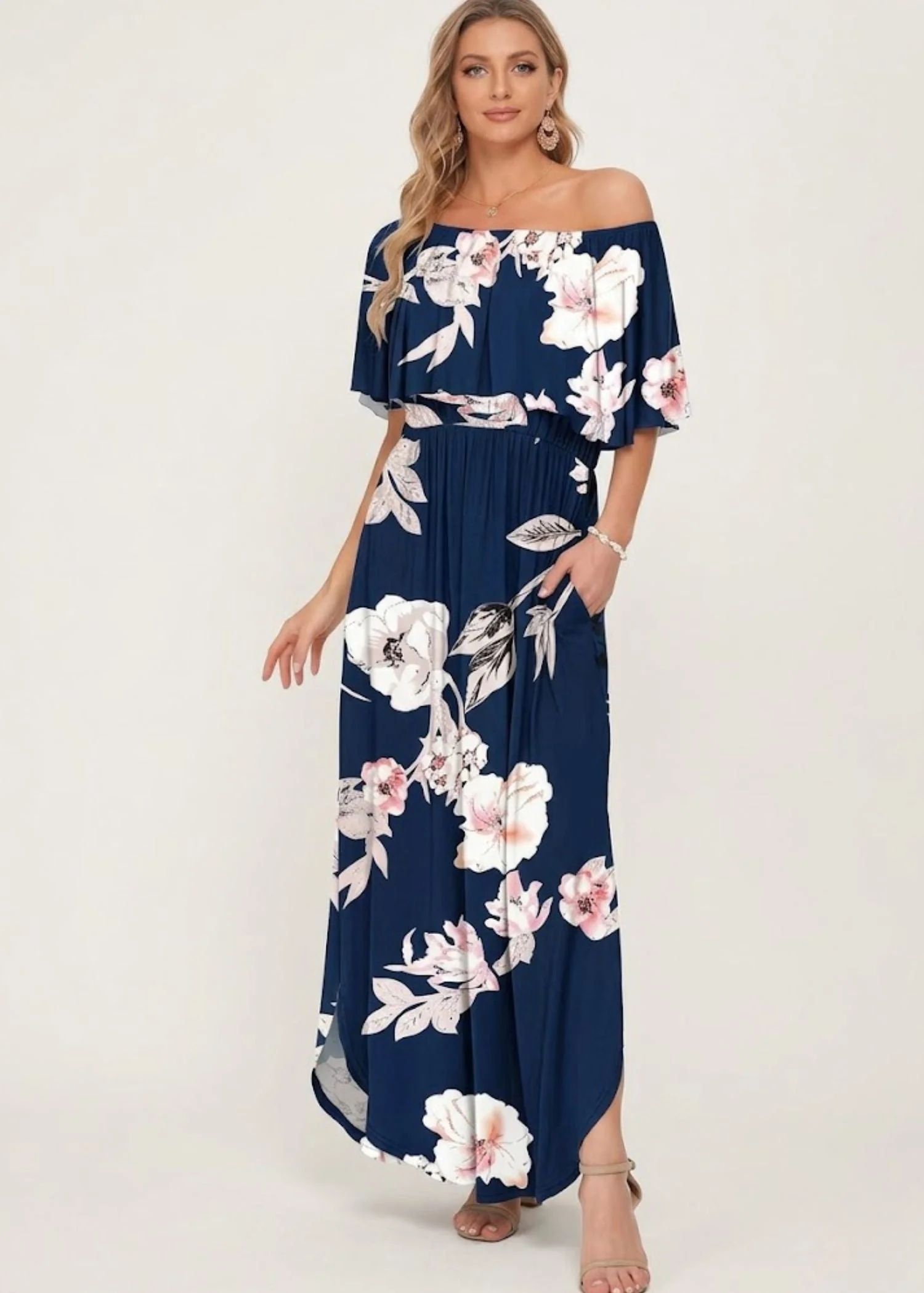 Mina | Sukienka damska maxi z odkrytymi ramionami z falbaną - Image 6