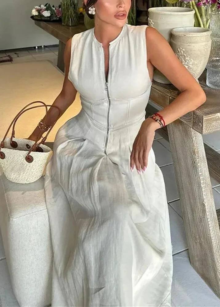Myrna | sukienka maxi damska bez rękawów z zamkiem z przodu - Image 4