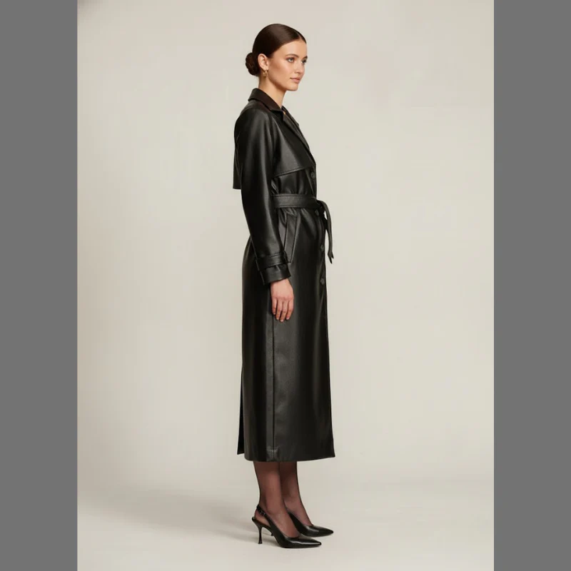 Nadine | płaszcz damski trencz z ekoskóry długi, elegancki i nowoczesny fason - Image 2