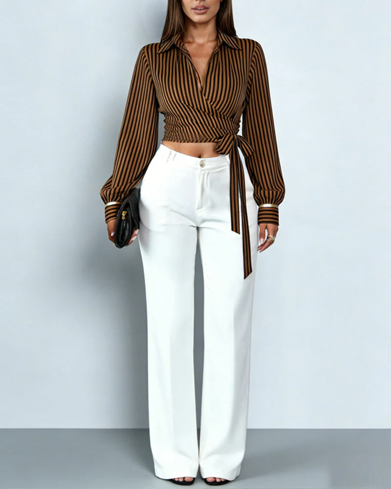 Olivette | Stylowy damski kopertowy crop top w paski z długim rękawem, modny i kobiecy fason - Image 5