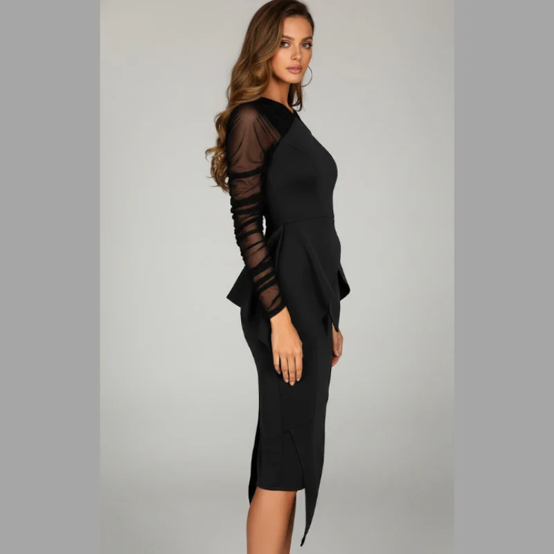 Paige | elegancka sukienka midi damska koktajlowa czarna z dekoltem w serek - Image 2