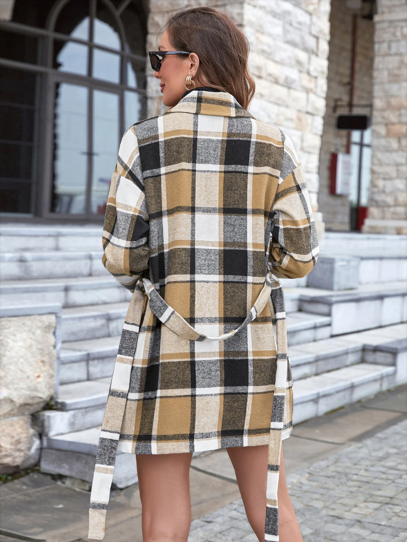 Pansy | Damski płaszcz w kratę z paskiem, elegancki modny - Image 5