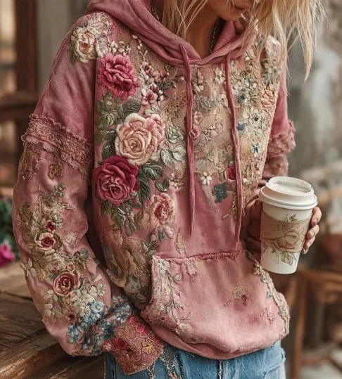 Pepper - Damski sweter z kapturem w stylu vintage barokowym z kobiecym kwiatowym nadrukiem - Image 2