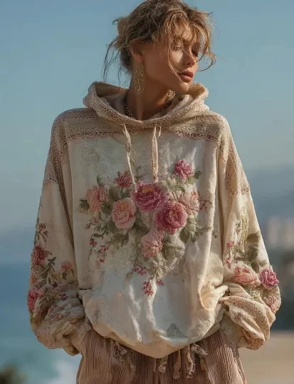Pepper - Damski sweter z kapturem w stylu vintage barokowym z kobiecym kwiatowym nadrukiem - Image 3
