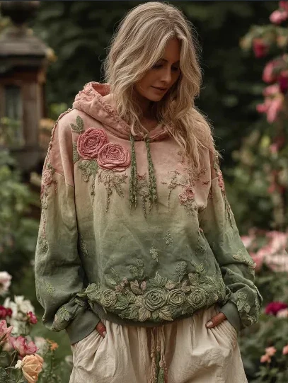 Pepper - Damski sweter z kapturem w stylu vintage barokowym z kobiecym kwiatowym nadrukiem - Image 4