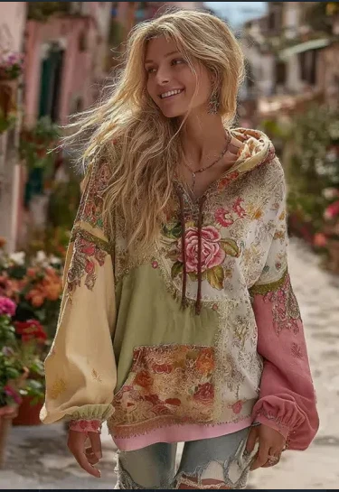 Pepper - Damski sweter z kapturem w stylu vintage barokowym z kobiecym kwiatowym nadrukiem - Image 5