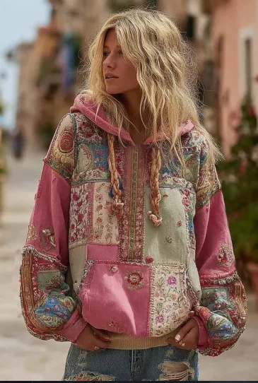 Pepper - Damski sweter z kapturem w stylu vintage barokowym z kobiecym kwiatowym nadrukiem - Image 6