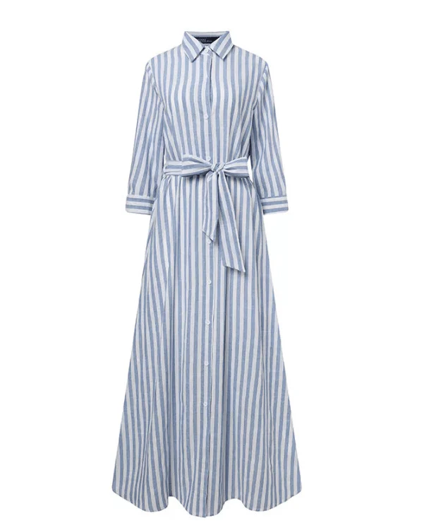 Phyllis | Damska sukienka maxi w paski z paskiem zapinana na guziki klasyczna - Image 3