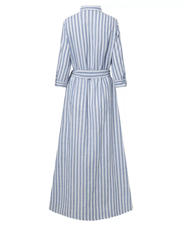 Phyllis | Damska sukienka maxi w paski z paskiem zapinana na guziki klasyczna - Image 4