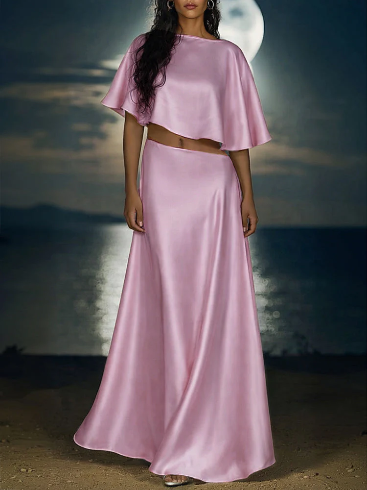 Quendrida | Elegancki damski komplet z satyny: crop top z ukośnym cięciem i spódnica maxi - Image 2