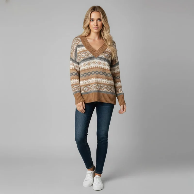 Rain | elegancki sweter damski z dzianiny z dekoltem w serek, prosty krój na co dzień - Image 4