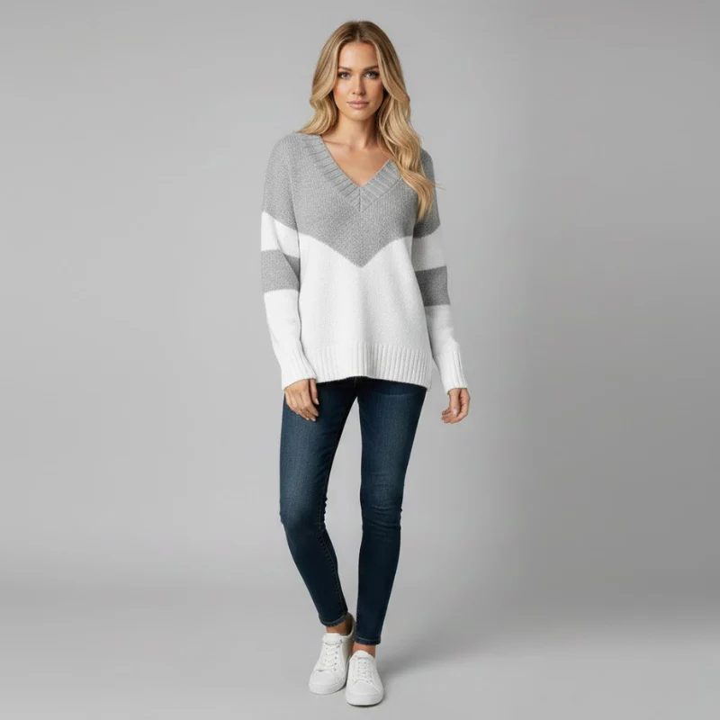 Rain | elegancki sweter damski z dzianiny z dekoltem w serek, prosty krój na co dzień - Image 5