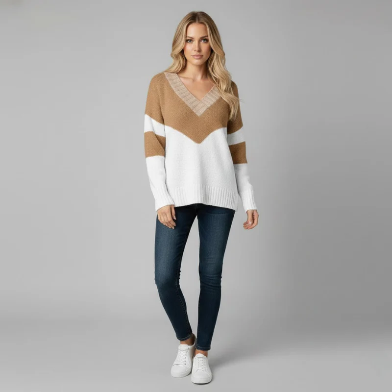 Rain | elegancki sweter damski z dzianiny z dekoltem w serek, prosty krój na co dzień - Image 6