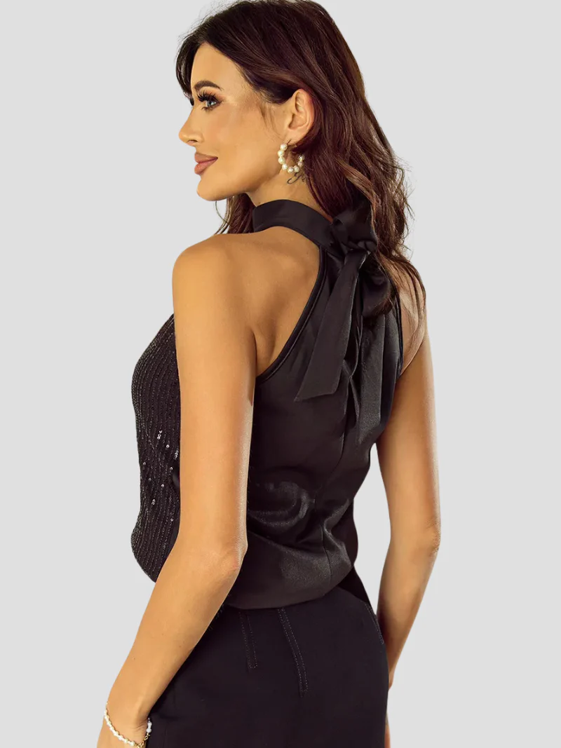 Sabina | Stylowy damski top z wiązaniem na szyi z brokatowym wykończeniem, efektowny i elegancki design - Image 2