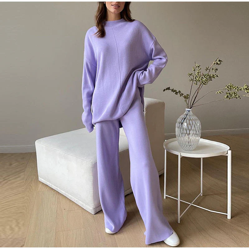 Salma | Damski komplet dzianinowy z golfem i szerokimi spodniami, loungewear dwuczęściowy - Image 2