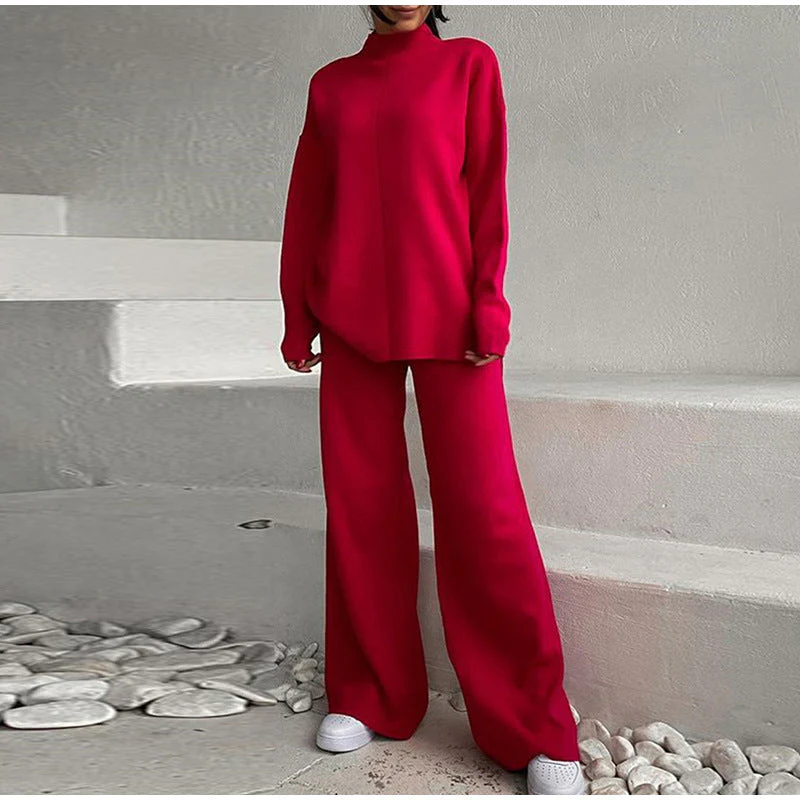 Salma | Damski komplet dzianinowy z golfem i szerokimi spodniami, loungewear dwuczęściowy - Image 3