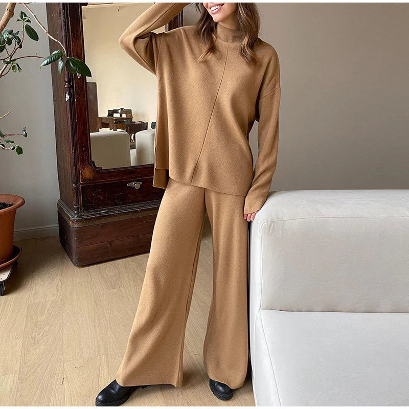 Salma | Damski komplet dzianinowy z golfem i szerokimi spodniami, loungewear dwuczęściowy - Image 6