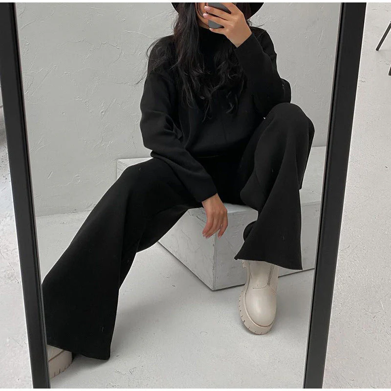 Salma | Damski komplet dzianinowy z golfem i szerokimi spodniami, loungewear dwuczęściowy - Image 8
