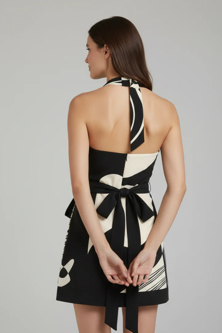 Sandra | sukienka mini damska elegancka z dekoltem halter i paskiem w talii - Image 3