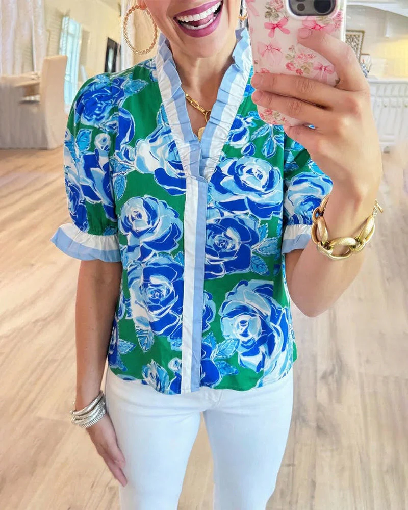 Sharleen | Bluzka damska w kwiatowy print z falbaną w romantycznym stylu - Image 2