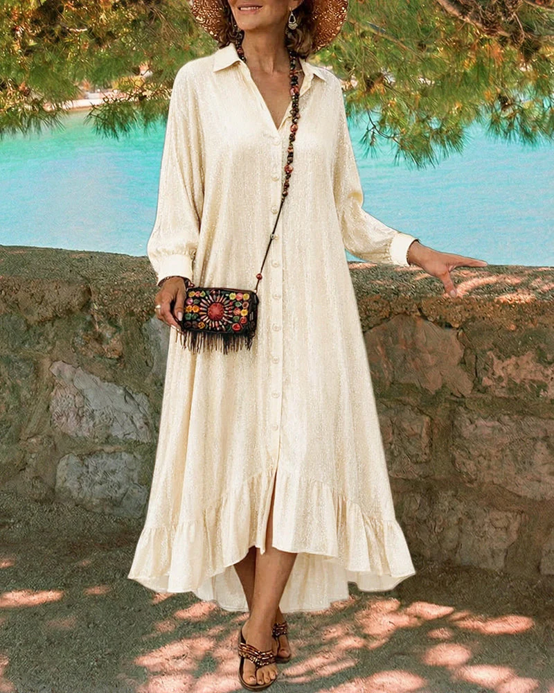 Sharlene | Sukienka koszulowa damska maxi z falbaną - Image 2
