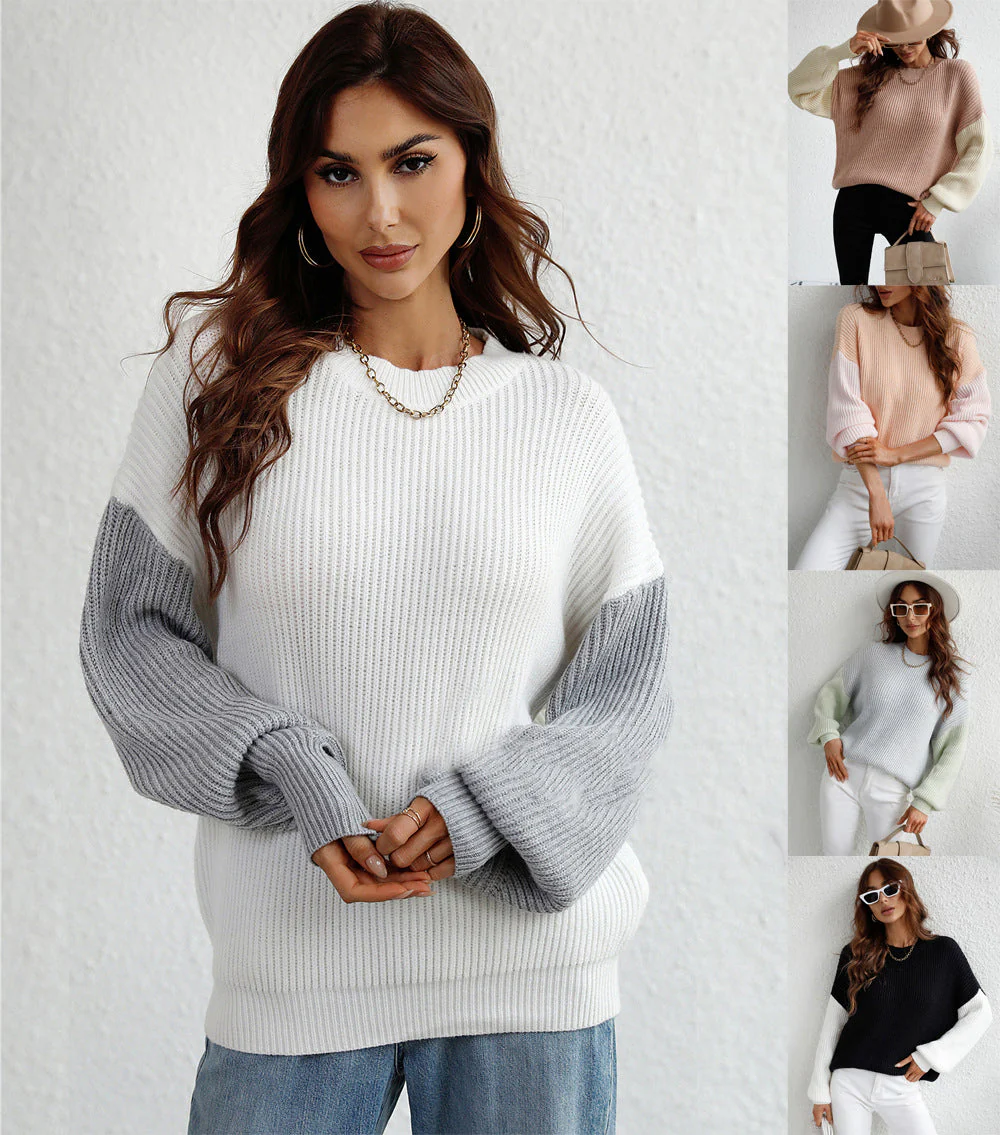 Shawna – Elegancki, modny sweter damski z okrągłym dekoltem i kontrastowymi rękawami - Image 3
