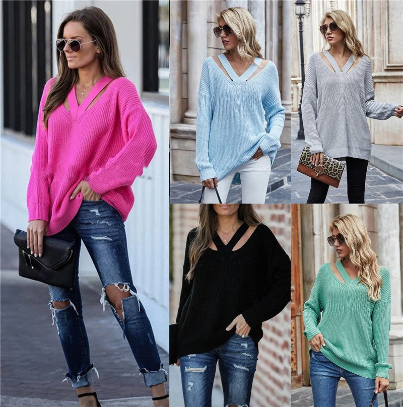 Sheena – modny, elegancki i stylowy damski sweter z dzianiny z dekoltem w szpic i wycięciem - Image 2
