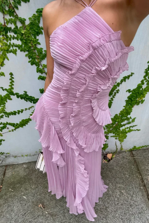 Shelley | Sukienka damska midi halter z plisami i falbanami elegancka letnia - Image 2
