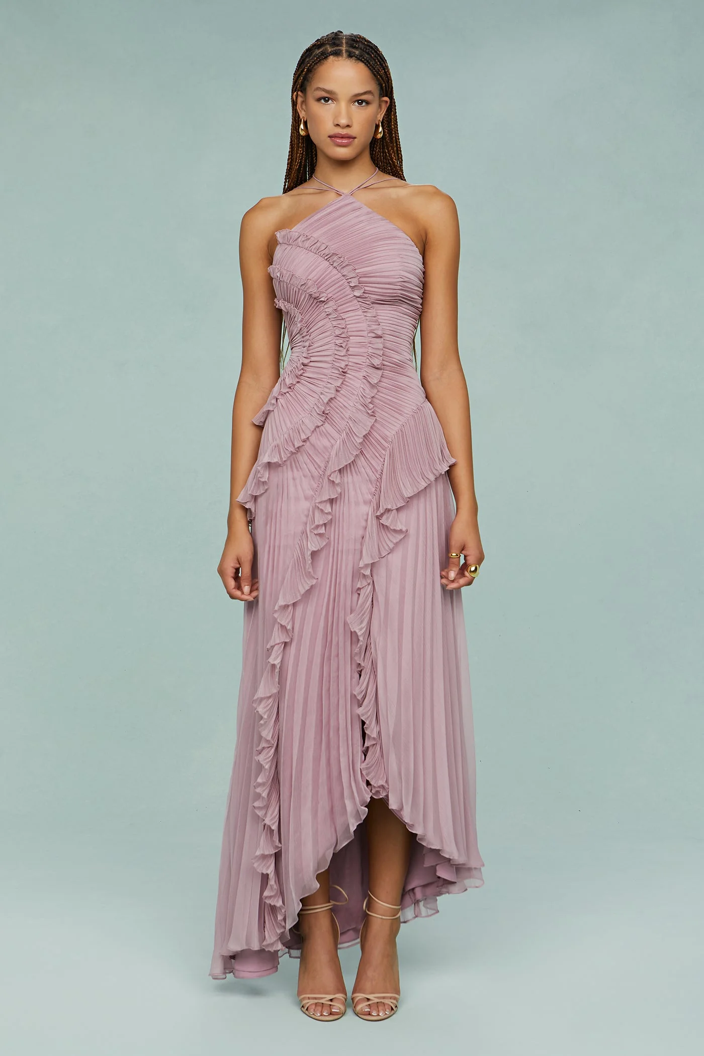 Shelley | Sukienka damska midi halter z plisami i falbanami elegancka letnia - Image 3
