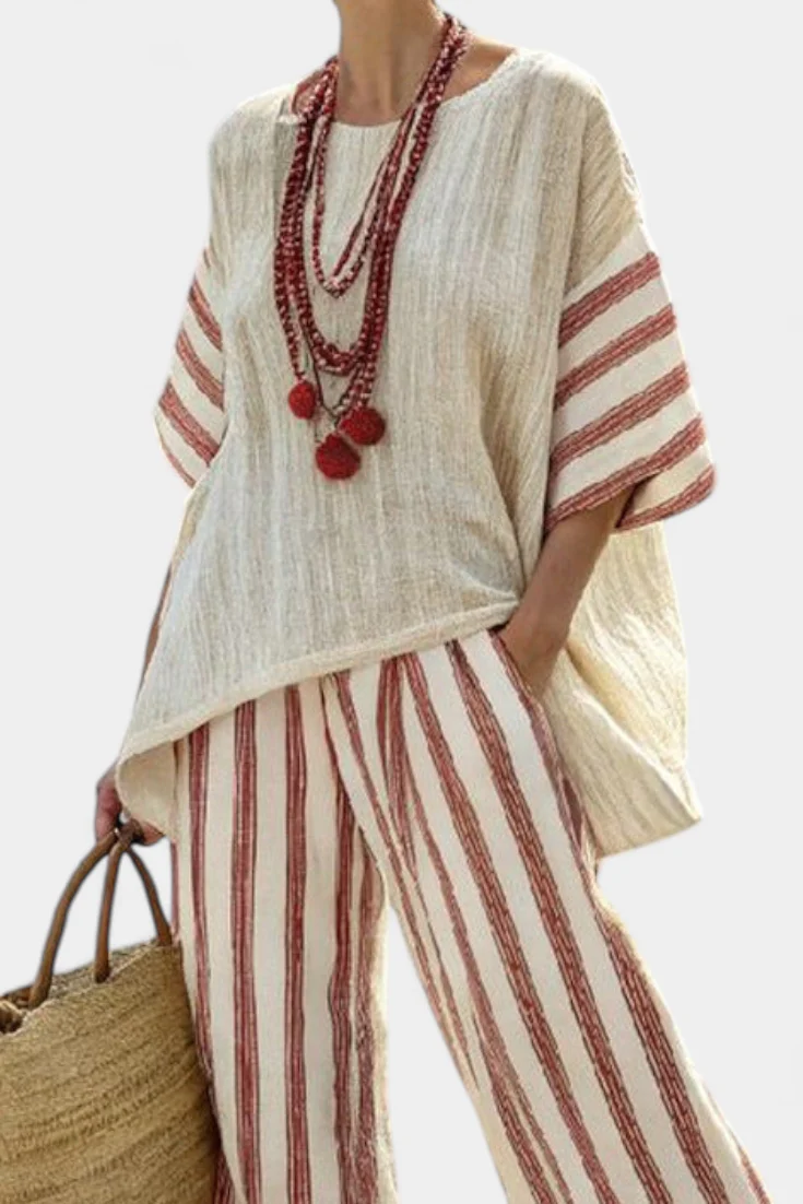 Syd | Komplet damski elegancki w stylu boho z rustykalnym topem w paski - Image 2