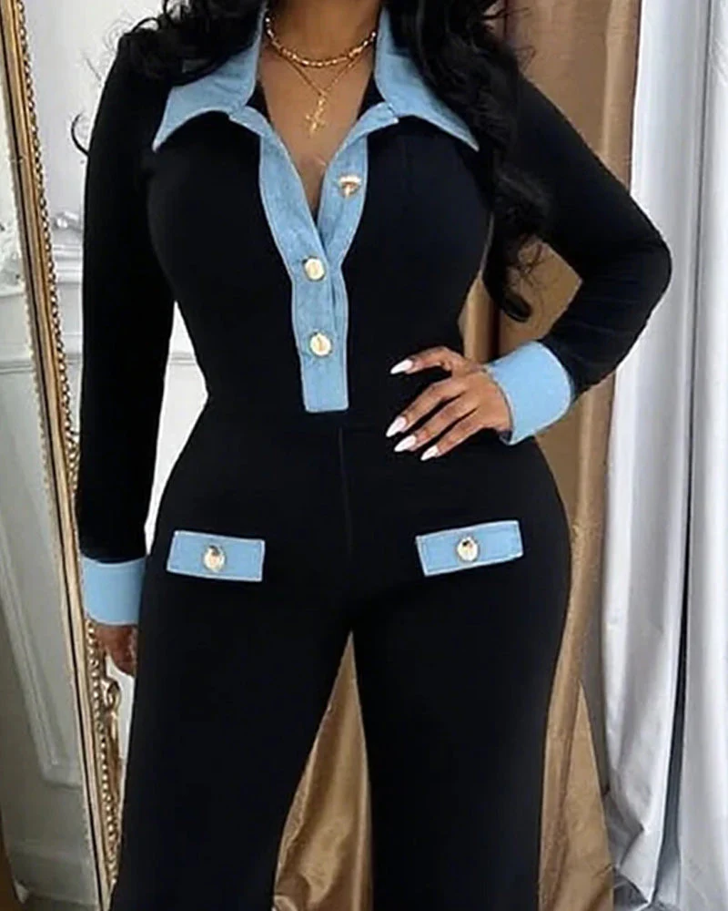 Sylwia | Modny damski kombinezon z denimu w patchworku, szerokie nogawki - Image 3