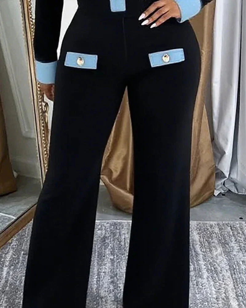 Sylwia | Modny damski kombinezon z denimu w patchworku, szerokie nogawki - Image 4