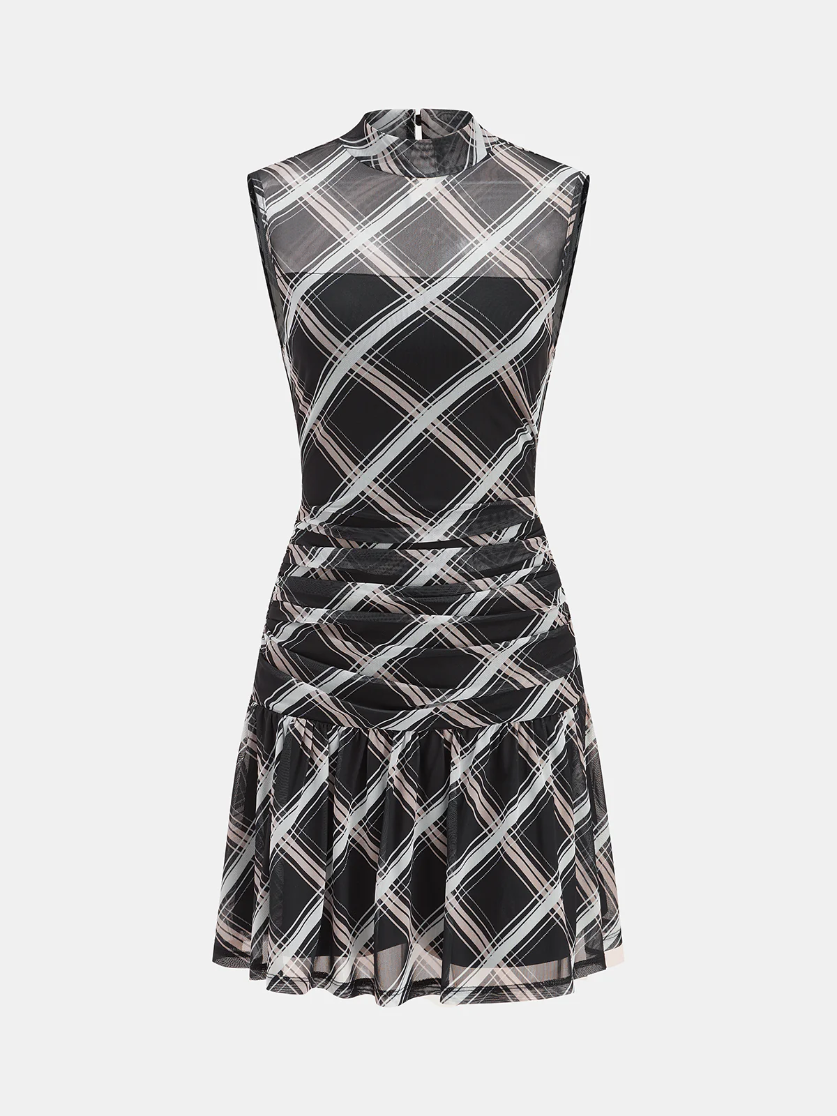 Tammy | Sukienka mini w kratę z przezroczystego materiału z falbanką i stójką - Image 2